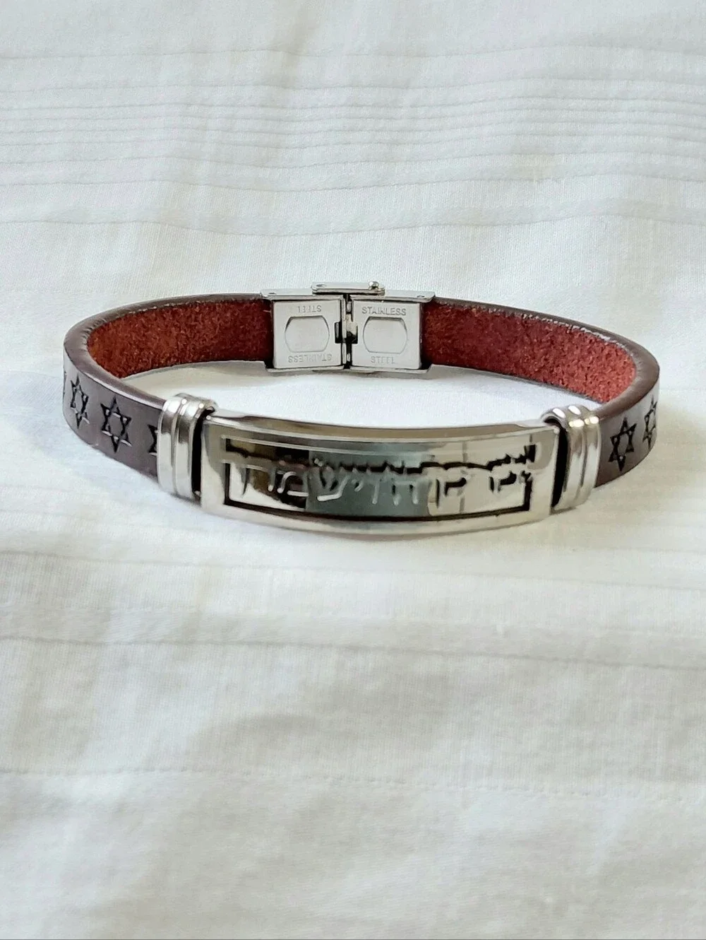 Silver Amen Judaica Leather Bracelet